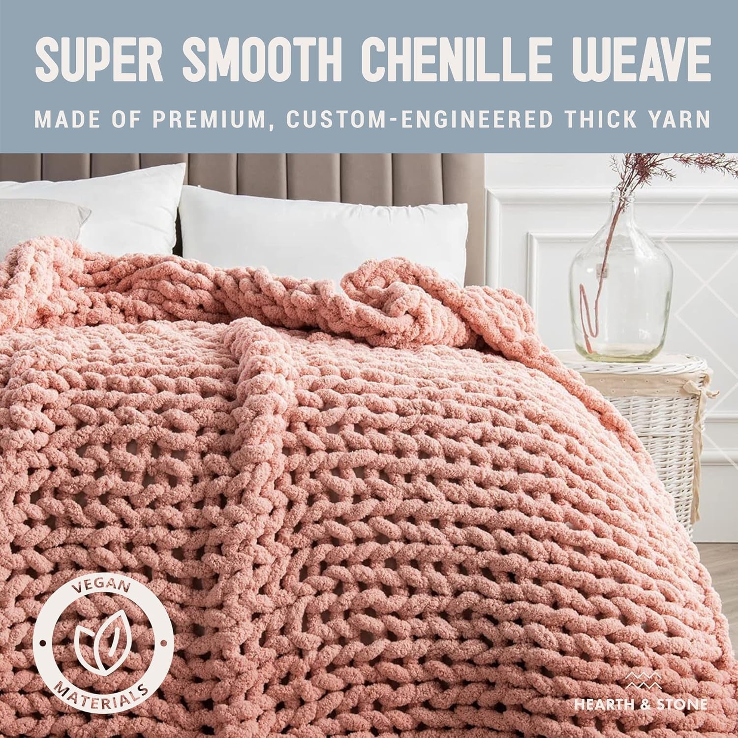 Chunky Knit Blanket Throw - 50"X60" 3.7 Lbs.- Soft Chenille Yarn Knitted Blanket -Machine Washable Crochet Blanket - Handmade Cable Knit Throw Blanket for Couch, Bed (Blush Pink)