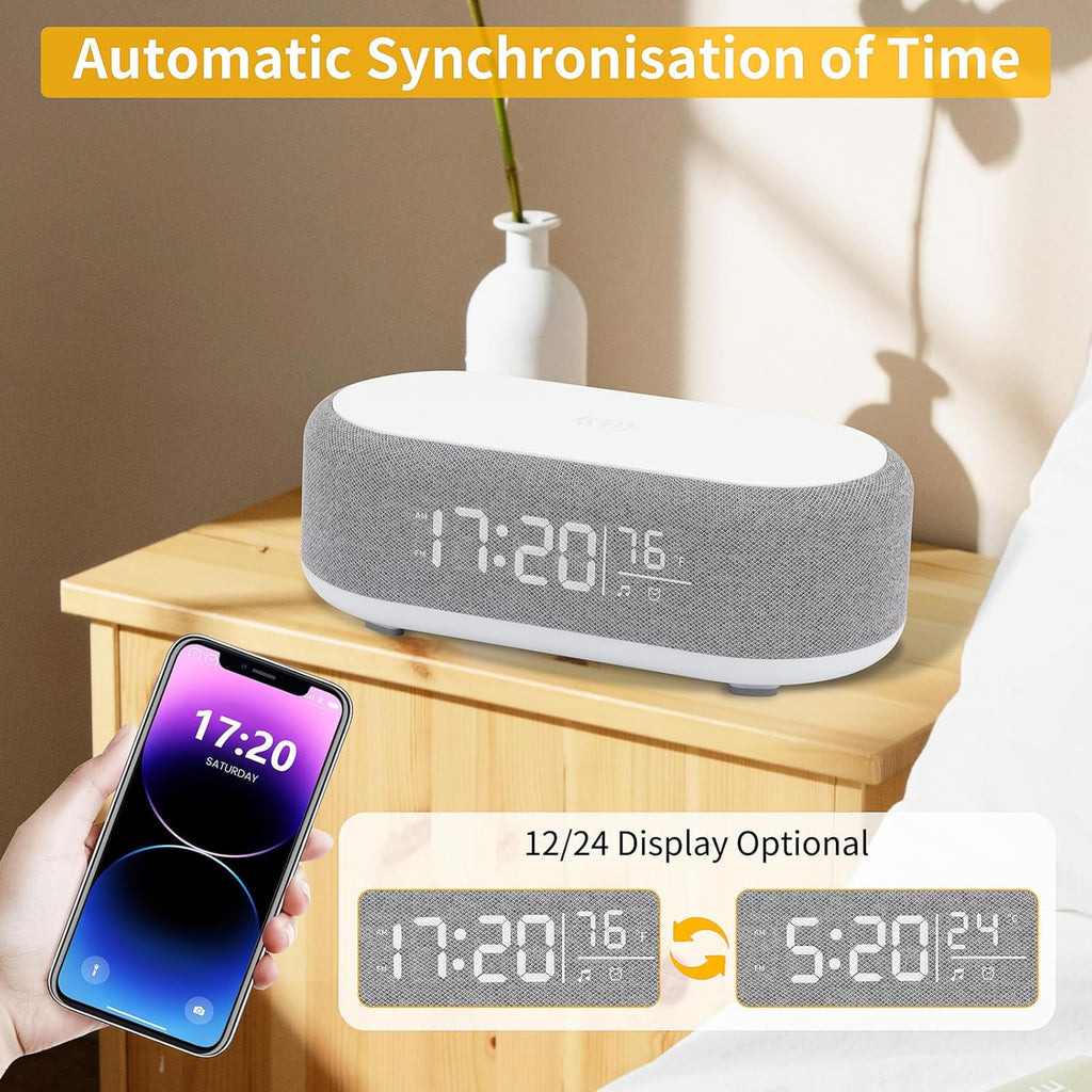 4In1 Alarm Clock with Wireless Charging Wireless Speaker Night Light & Temperature Display – Customized Sleep-Wake Routine Alarm Clock for Heavy Sleepers (Gray)