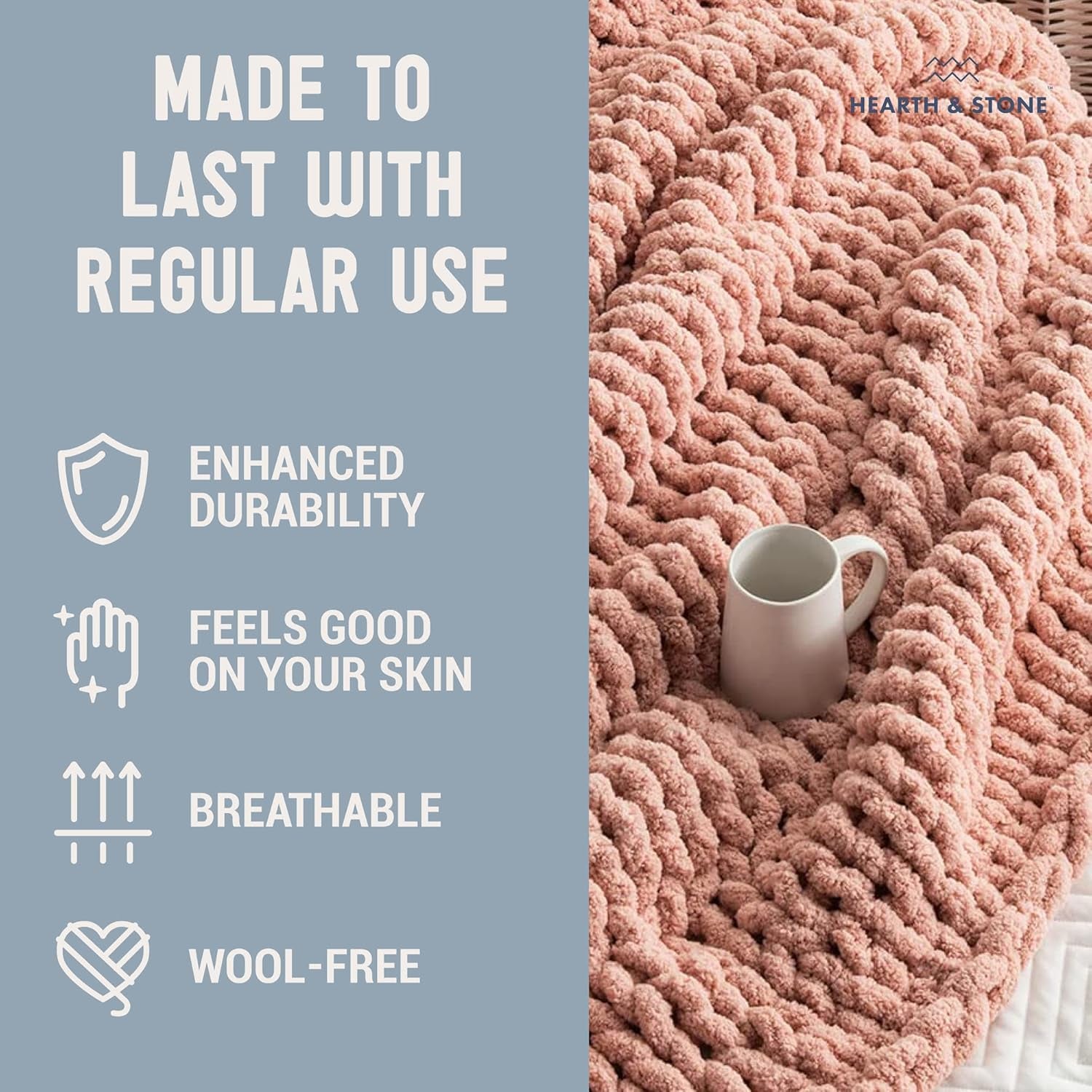 Chunky Knit Blanket Throw - 50"X60" 3.7 Lbs.- Soft Chenille Yarn Knitted Blanket -Machine Washable Crochet Blanket - Handmade Cable Knit Throw Blanket for Couch, Bed (Blush Pink)