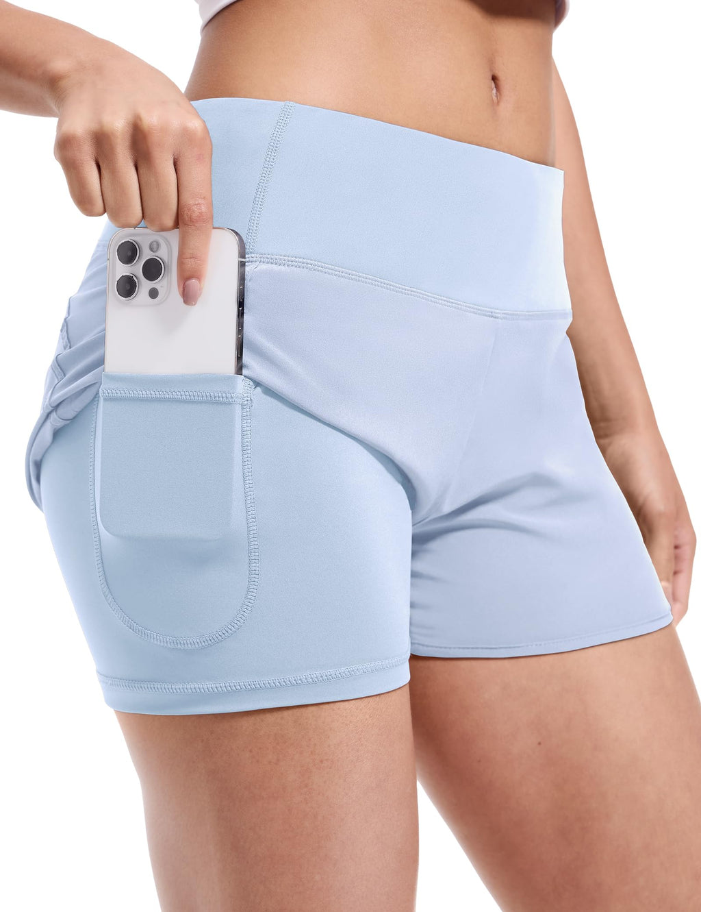 MIER Running Shorts for Women with Liner Athletic High Waisted Workout Gym Shorts with Zipper Pocket 3" Light Blue S