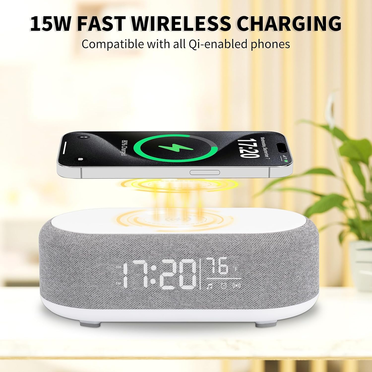 4In1 Alarm Clock with Wireless Charging Wireless Speaker Night Light & Temperature Display – Customized Sleep-Wake Routine Alarm Clock for Heavy Sleepers (Gray)