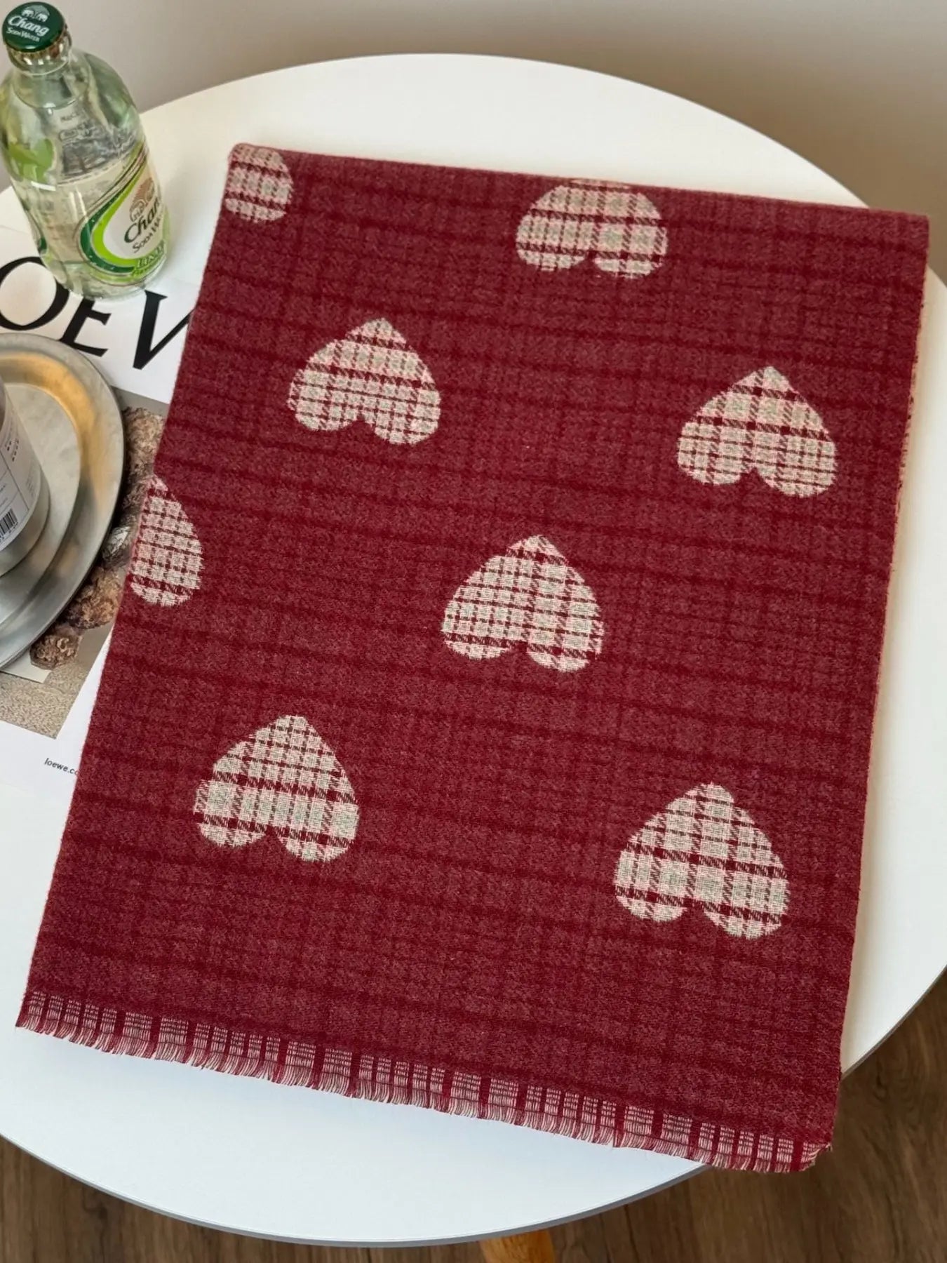 Plaid & Heart Pattern Tassel Decor Shawl, Elegant Soft Warm Thick Shawl for Women & Men, Fashion Accessories for Fall & Winter, Double Sided Shawl, Shawl Wrap, Double Sided Scarf