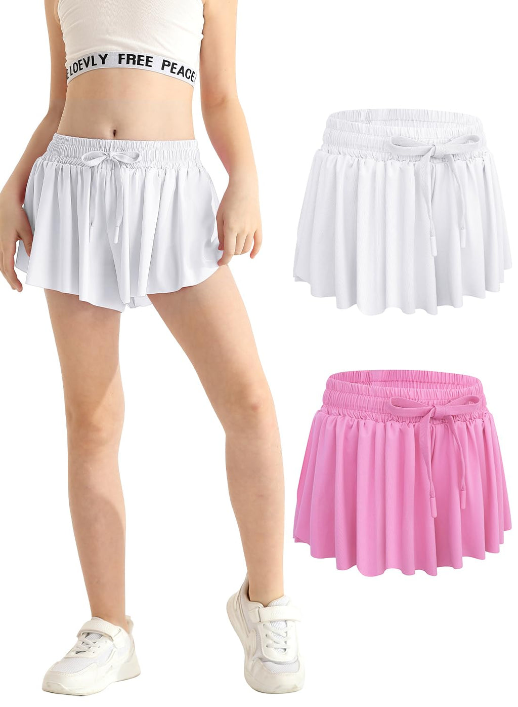 Kids Shorts White Pink with Pocket Drawstring 2 in 1 Athletic Flowy Butterfly Shorts for Girls Volleyball Gymnastics Running Size 8