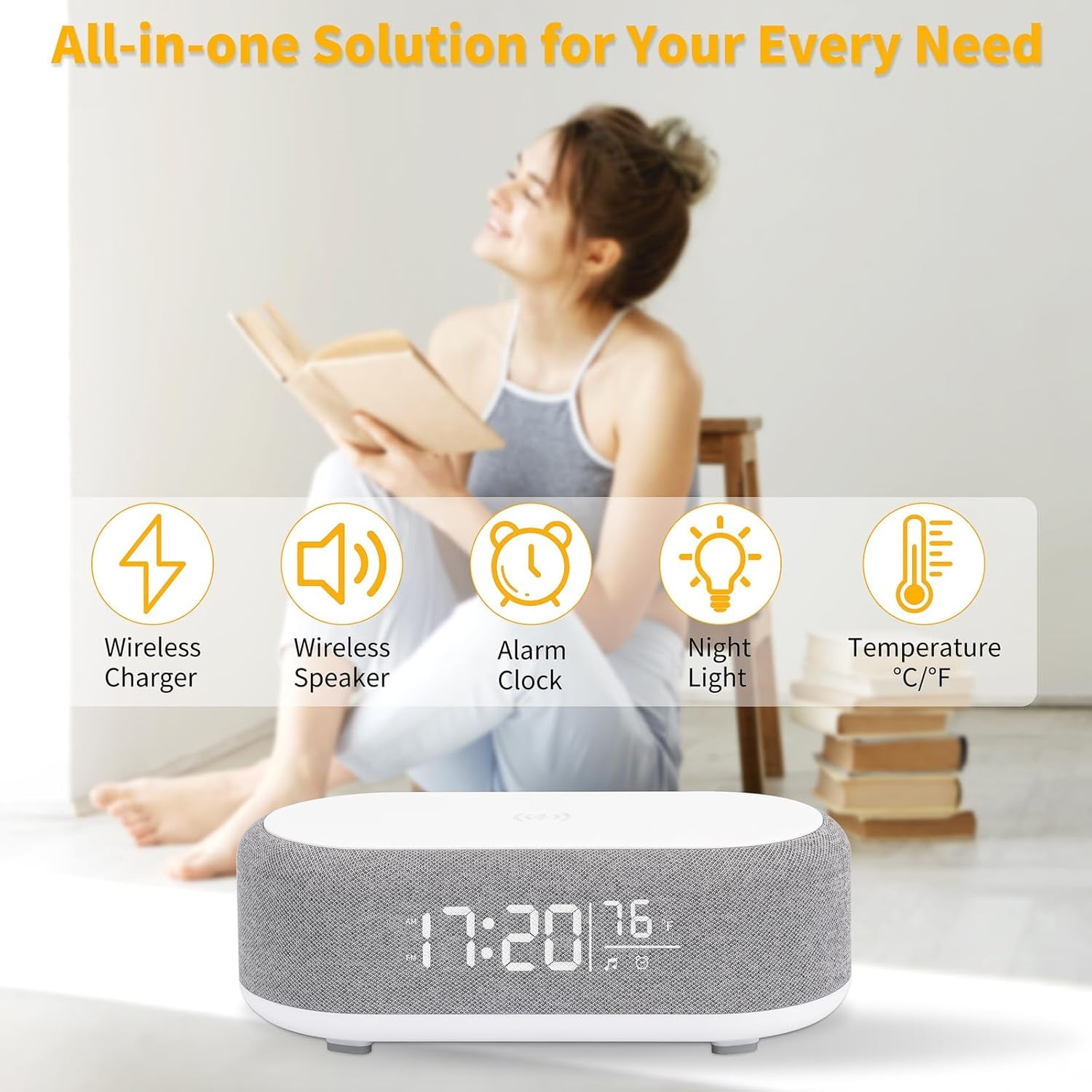 4In1 Alarm Clock with Wireless Charging Wireless Speaker Night Light & Temperature Display – Customized Sleep-Wake Routine Alarm Clock for Heavy Sleepers (Gray)